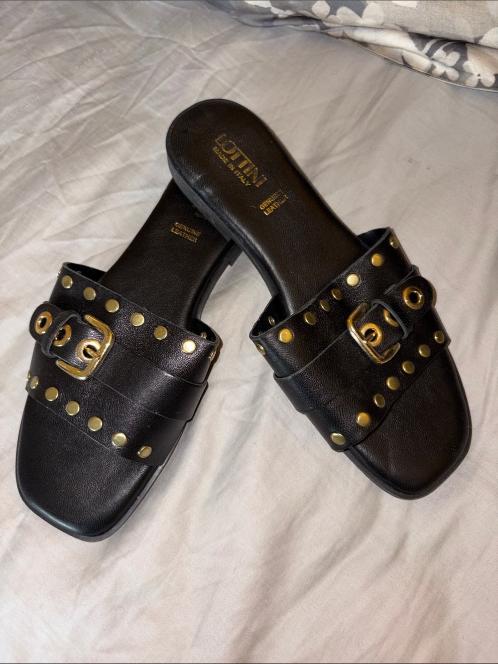 Black Leather Studded Slide Sandals with Gold Buckle
